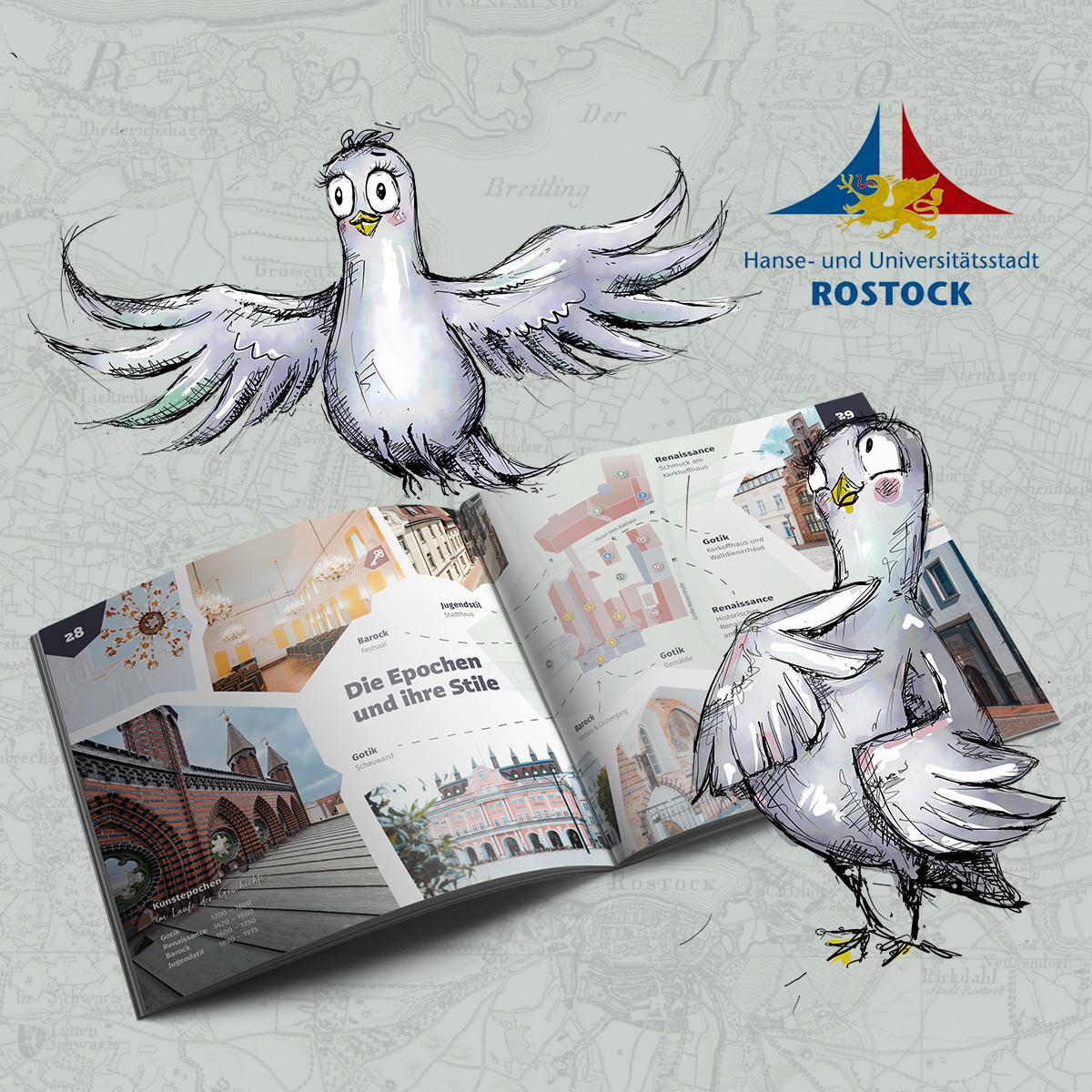 Kinderrathausbroschüre der Hanse- und Universitätsstadt Rostock mit Illustrationen einer Taube und aufgeklapptem Heft