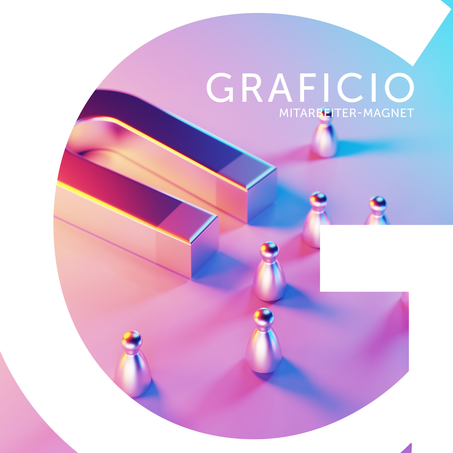 3D-Magnet in futuristischen Farben, der stilisierte Figuren anzieht – Key Visual für den Graficio Mitarbeiter-Magneten.