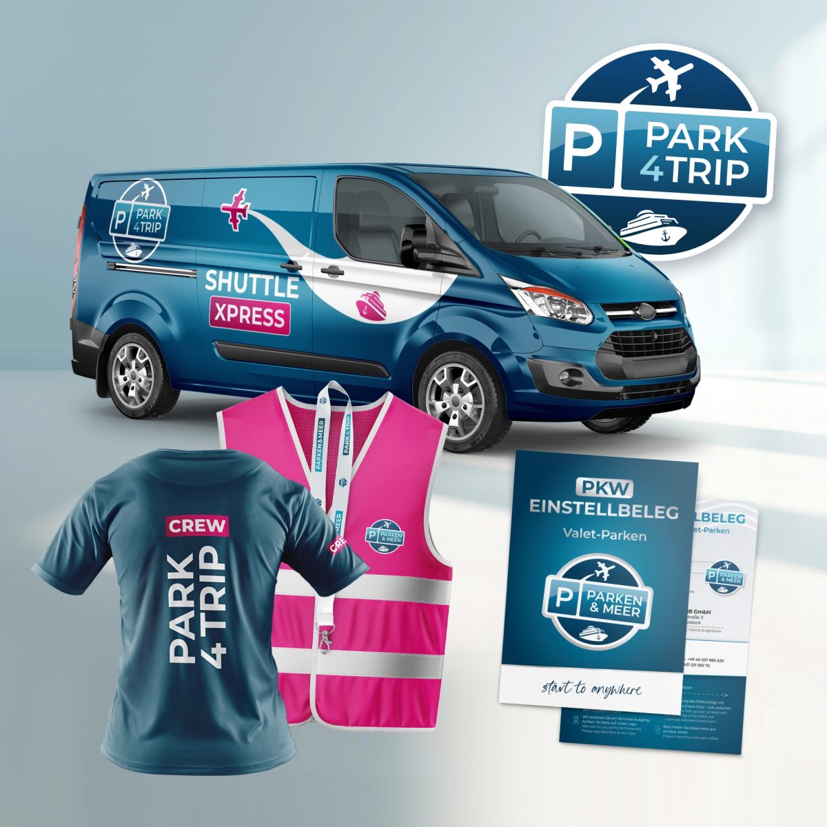 Markenauftritt für PARKEN & MEER und PARK 4 TRIP mit Shuttle-Fahrzeug, Crew-Kleidung, Warnwesten und Einstellbeleg für Parkservice am Flughafen